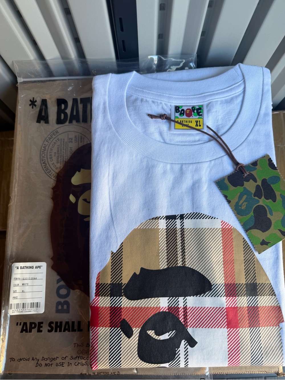 Bape White Plaid Ape Head Tee XL